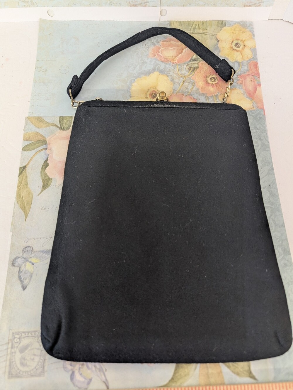 Vintage Bag Classic 1940's Fabric Large Black Handbag Structured  Top Handle